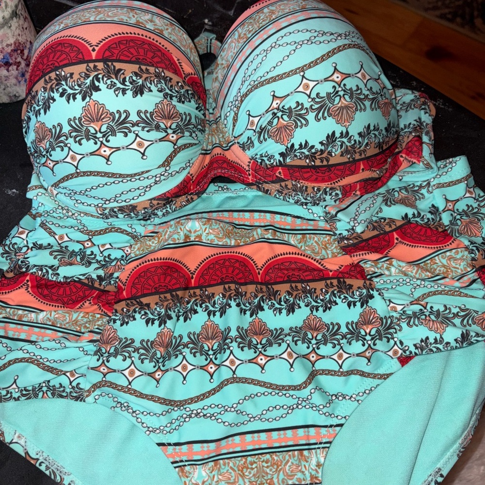 Patterned Aqua and Coral Swimsuit